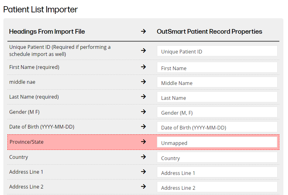 How to map data from patient import CSV file into OutSmart - shows the mapping tool in the patient import process. 